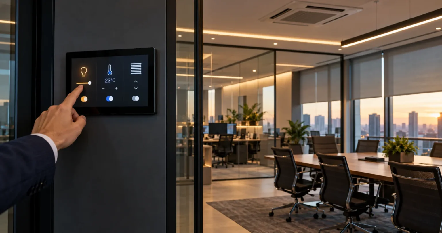 Painel de automação de iluminação, temperatura e persianas em sala de reunião – Automação MONSEG