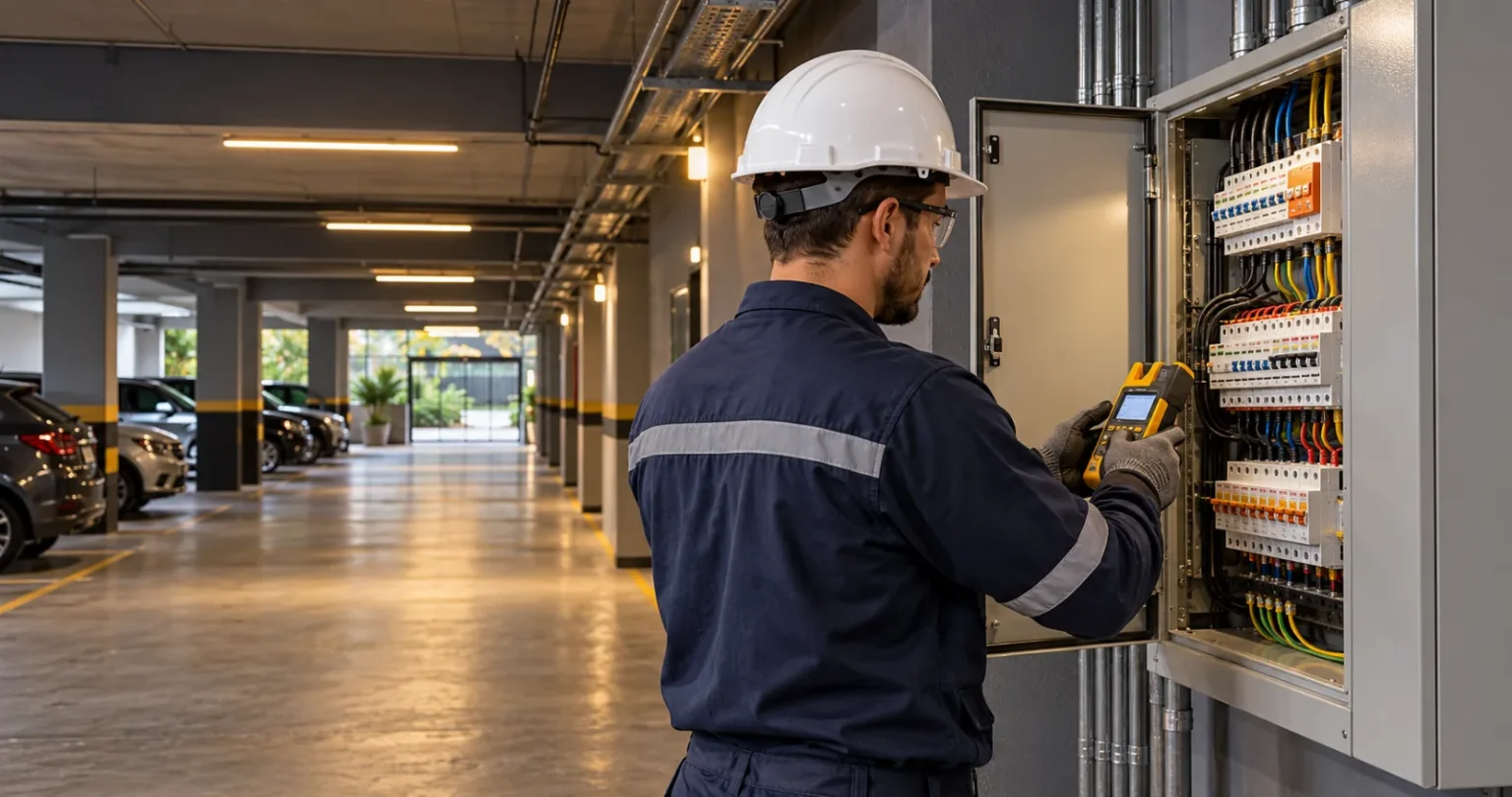 Eletricista verificando quadro elétrico de condomínio – Elétrica de áreas comuns MONSEG