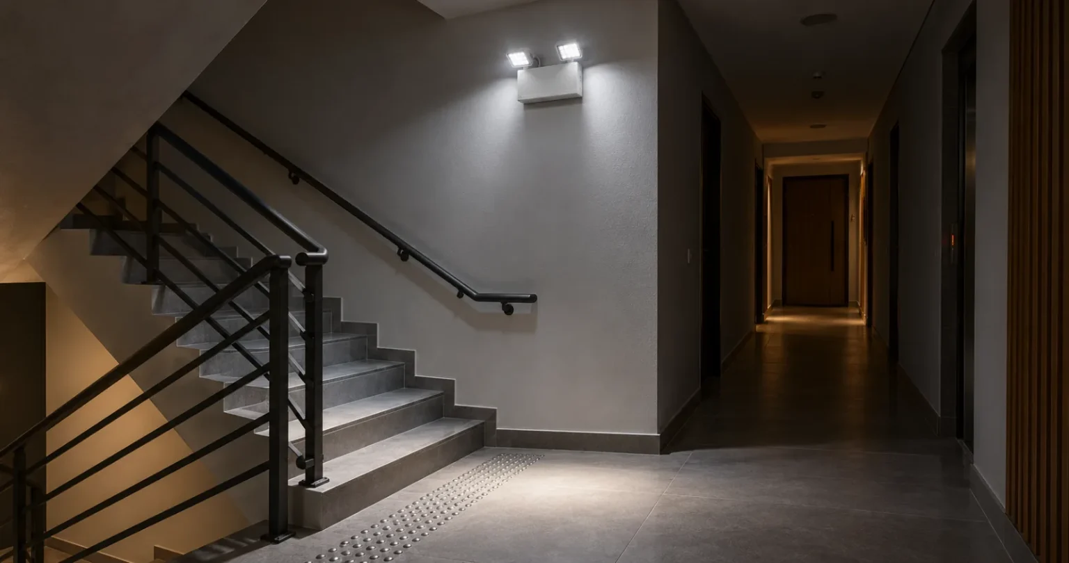 Luminária de emergência em escadaria de condomínio – Iluminação de emergência MONSEG