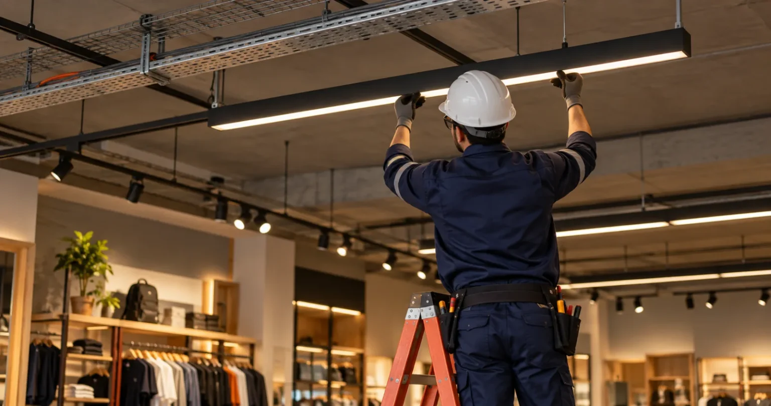 Eletricista instalando luminária linear em loja comercial – Instalações elétricas comerciais MONSEG