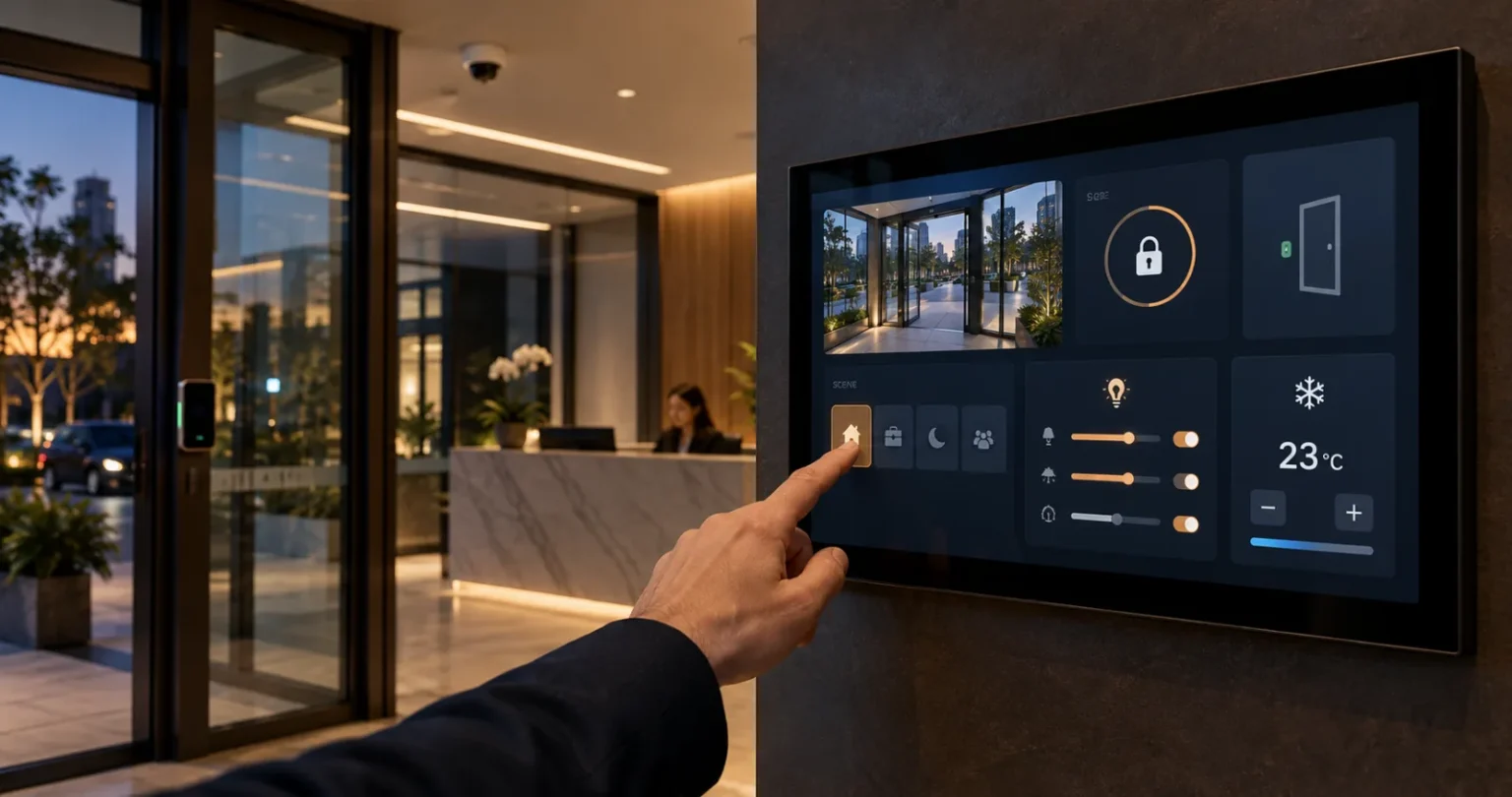 Painel touch de integração de sistemas (câmeras, fechadura, iluminação e climatização) em recepção de empresa – Integração de sistemas MONSEG