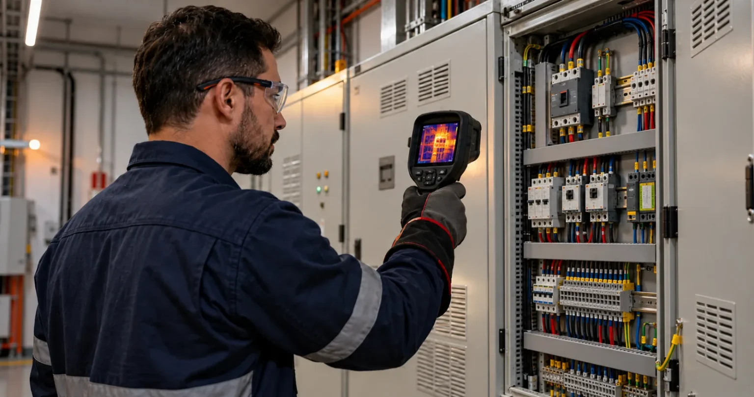 Técnico inspecionando painel elétrico com câmera térmica – Manutenção elétrica MONSEG