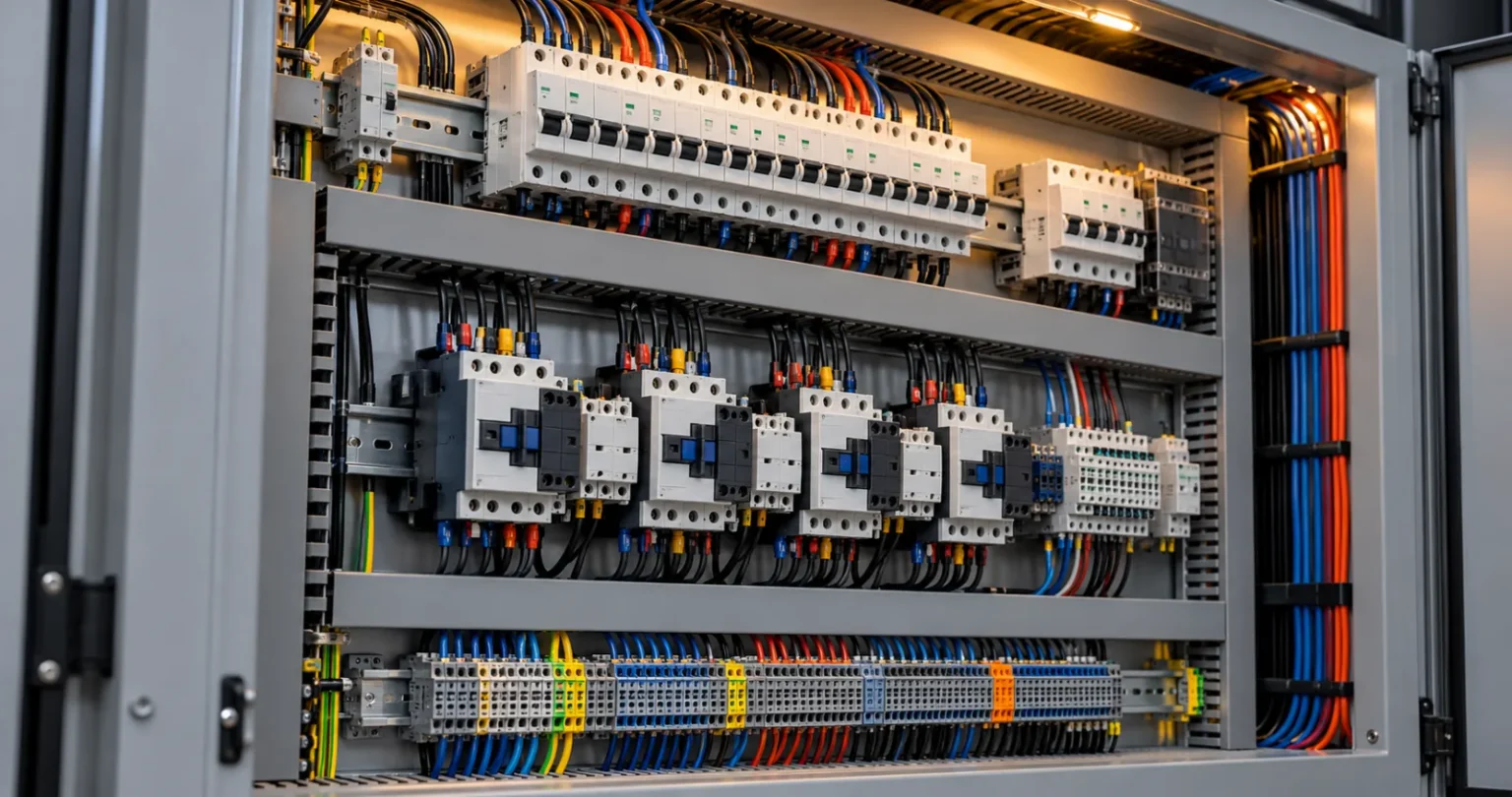 Interior de quadro elétrico com disjuntores, contatores e cabeamento organizado – Quadros e painéis elétricos MONSEG