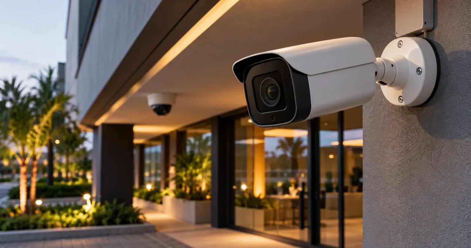 Câmera de segurança bullet instalada na fachada de uma empresa – Sistemas de Câmeras de Segurança MONSEG